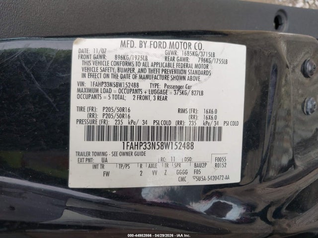 2008 Ford Focus Se მანქანა იყიდება აუქციონზე, vin: 1FAHP33N58W152488, აუქციონის ნომერი: 44982866