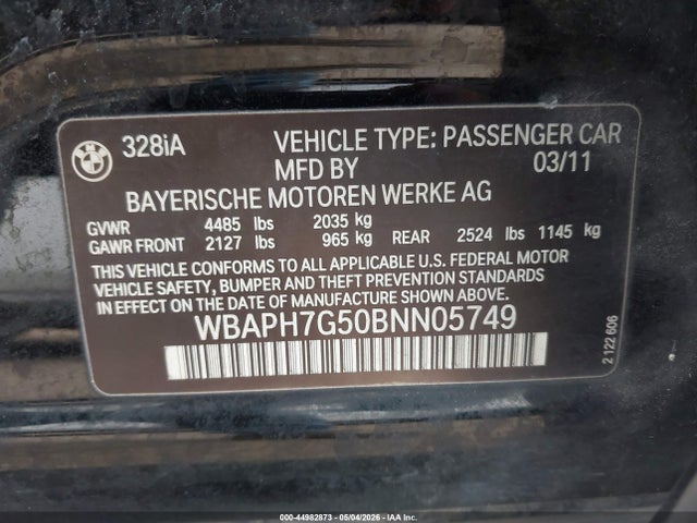 2011 Bmw 328i მანქანა იყიდება აუქციონზე, vin: WBAPH7G50BNN05749, აუქციონის ნომერი: 44982873