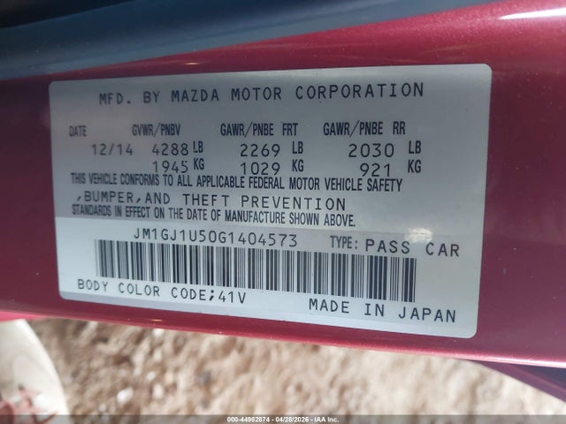 44982874 :رقم المزاد ، JM1GJ1U50G1404573 vin ، 2016 Mazda Mazda6 I Sport مزاد بيع