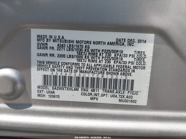 Aukcja sprzedaży 2015 Mitsubishi Outlander Sport Se, vin: 4A4AP4AU1FE019315, numer aukcji: 44982876
