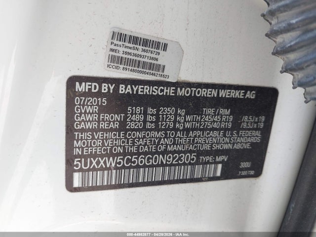 44982877 :رقم المزاد ، 5UXXW5C56G0N92305 vin ، 2016 Bmw X4 Xdrive35i مزاد بيع