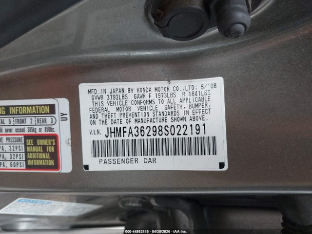 Продажа на аукционе авто 2008 Honda Civic Hybrid, vin: JHMFA36298S022191, номер лота: 44982885