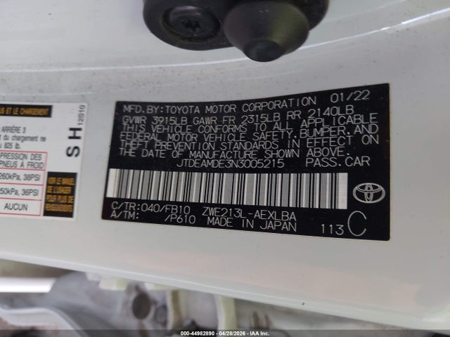 44982890 :رقم المزاد ، JTDEAMDE3N3005215 vin ، 2022 Toyota Corolla Hybrid Le مزاد بيع