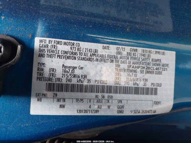 44982898 :رقم المزاد ، 1FAHP3K28CL467321 vin ، 2012 Ford Focus Se مزاد بيع
