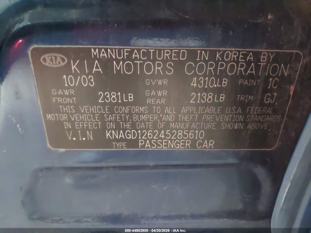 Продажа на аукционе авто 2004 Kia Optima Ex/lx, vin: KNAGD126245285610, номер лота: 44982900