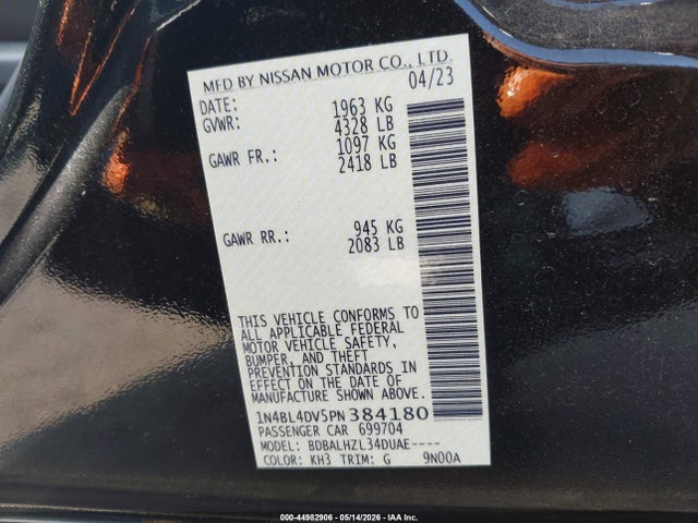 Aukcja sprzedaży 2023 Nissan Altima Sv Fwd, vin: 1N4BL4DV5PN384180, numer aukcji: 44982906