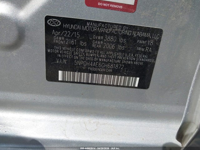 44982914 :رقم المزاد ، 5NPDH4AE6GH681872 vin ، 2016 Hyundai Elantra Se مزاد بيع