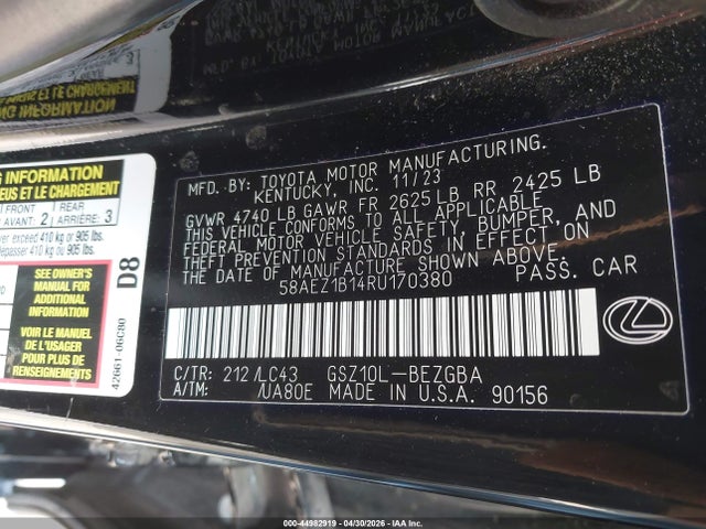 Aukcja sprzedaży 2024 Lexus Es 350 Luxury, vin: 58AEZ1B14RU170380, numer aukcji: 44982919