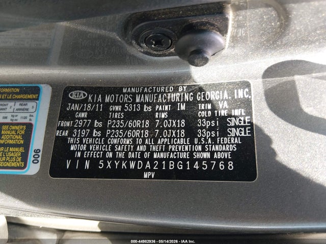 44982936 :رقم المزاد ، 5XYKWDA21BG145768 vin ، 2011 Kia Sorento Sx V6 مزاد بيع