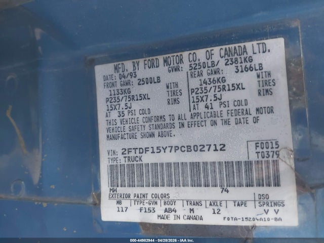 44982944 :رقم المزاد ، 2FTDF15Y7PCB02712 vin ، 1993 Ford F150 مزاد بيع