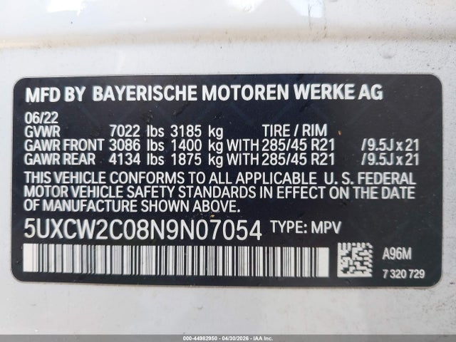 44982950 :رقم المزاد ، 5UXCW2C08N9N07054 vin ، 2022 Bmw X7 Xdrive40i مزاد بيع