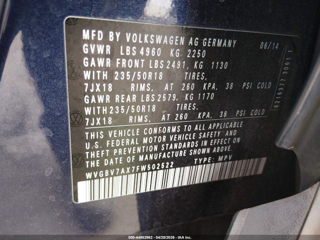 2015 Volkswagen Tiguan Sel მანქანა იყიდება აუქციონზე, vin: WVGBV7AX7FW502522, აუქციონის ნომერი: 44982962