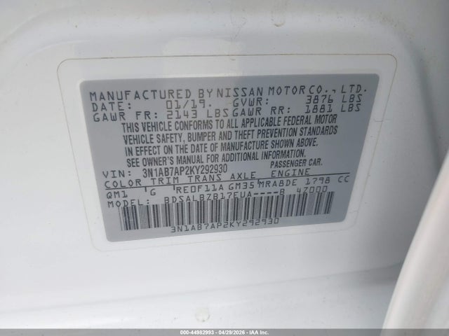 44982993 :رقم المزاد ، 3N1AB7AP2KY292930 vin ، 2019 Nissan Sentra S مزاد بيع