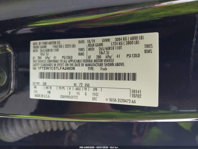 Aukcja sprzedaży 2020 Ford F-150 Lariat, vin: 1FTEW1C57LFA24038, numer aukcji: 44983009