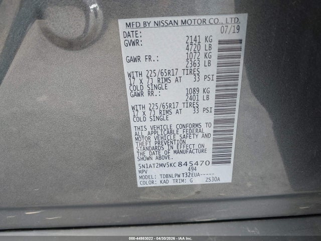 Aukcja sprzedaży 2019 Nissan Rogue S, vin: 5N1AT2MV5KC845470, numer aukcji: 44983022