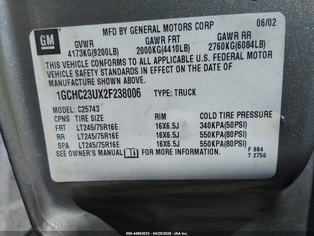 Продаж на аукціоні авто 2002 Chevrolet Silverado 2500hd Ls, vin: 1GCHC23UX2F238006, номер лоту: 44983023