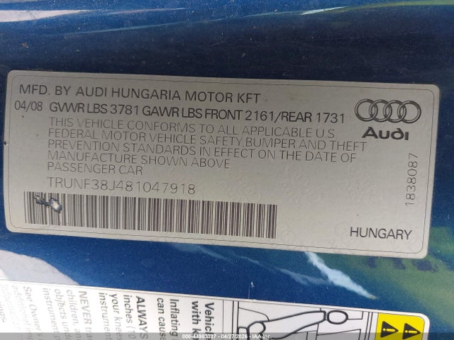Продаж на аукціоні авто 2008 Audi Tt 2.0t, vin: TRUNF38J481047918, номер лоту: 44983027
