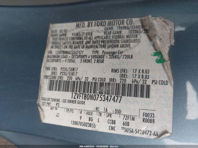 44983034 :رقم المزاد ، 1ZVFT80N075347477 vin ، 2007 Ford Mustang V6 Deluxe/v6 Premium مزاد بيع