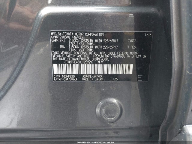 Aukcja sprzedaży 2017 Toyota Rav4 Le, vin: JTMBFREV6HJ125929, numer aukcji: 44983043