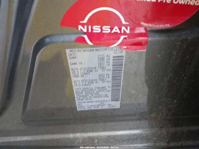 Aukcja sprzedaży 2019 Nissan Pathfinder Sv, vin: 5N1DR2MM8KC602027, numer aukcji: 44983045