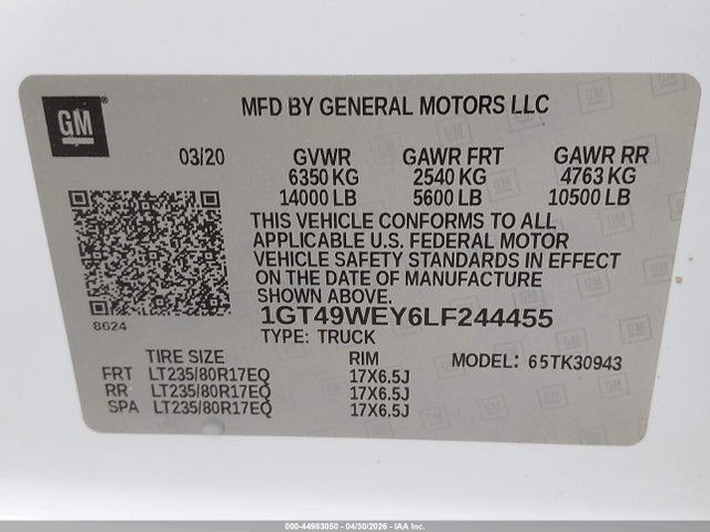 Продаж на аукціоні авто 2020 Gmc Sierra 3500hd 4wd  Long Bed Denali, vin: 1GT49WEY6LF244455, номер лоту: 44983050