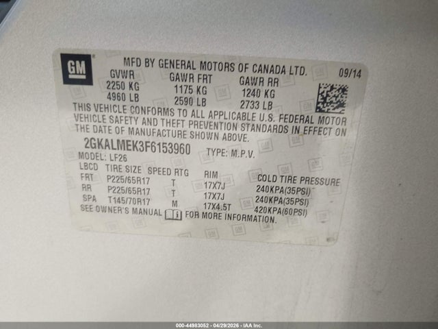 Продажа на аукционе авто 2015 Gmc Terrain Sle-1, vin: 2GKALMEK3F6153960, номер лота: 44983052