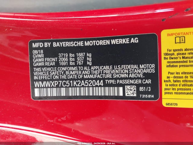Aukcja sprzedaży 2019 Mini Hardtop Cooper S, vin: WMWXP7C51K2A52044, numer aukcji: 44983053