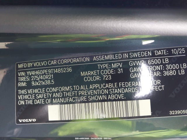 44983068 :رقم المزاد ، YV4H60PE9T1485236 vin ، 2026 Volvo Xc90 Plug-in Hybrid Plus, T8 Awd, Electric/gasoline, Bright, 7 Seats مزاد بيع