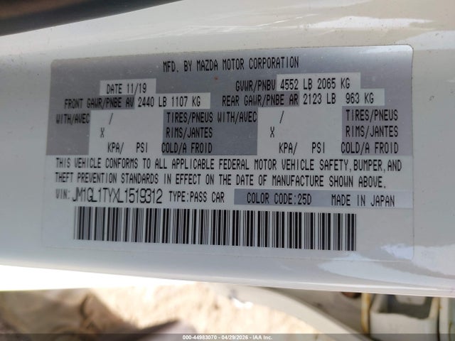 44983070 :رقم المزاد ، JM1GL1TYXL1519312 vin ، 2020 Mazda Mazda6 Grand Touring مزاد بيع