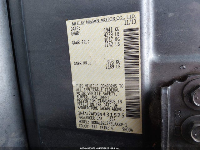 Aukcja sprzedaży 2011 Nissan Altima 2.5 S, vin: 1N4AL2APXBN431525, numer aukcji: 44983078