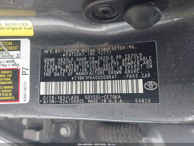 2012 Toyota Camry Xle V6 მანქანა იყიდება აუქციონზე, vin: 4T1BK1FK4CU509647, აუქციონის ნომერი: 44983084