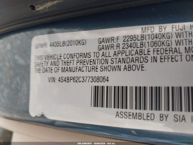 44983087 :رقم المزاد ، 4S4BP62C377308064 vin ، 2007 Subaru Outback 2.5i Limited مزاد بيع