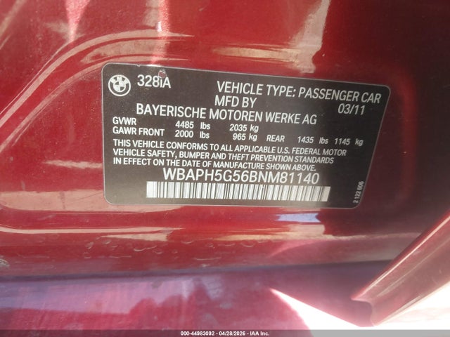 Продаж на аукціоні авто 2011 Bmw 328i, vin: WBAPH5G56BNM81140, номер лоту: 44983092