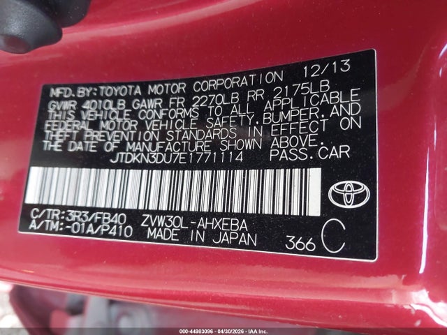 44983096 :رقم المزاد ، JTDKN3DU7E1771114 vin ، 2014 Toyota Prius Two مزاد بيع