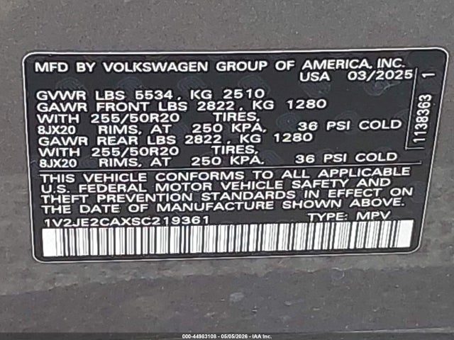 Продаж на аукціоні авто 2025 Volkswagen Atlas Cross Sport 2.0t Se W/technology, vin: 1V2JE2CAXSC219361, номер лоту: 44983108