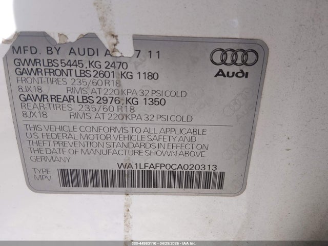 44983110 :رقم المزاد ، WA1LFAFP0CA020313 vin ، 2012 Audi Q5 2.0t Premium مزاد بيع