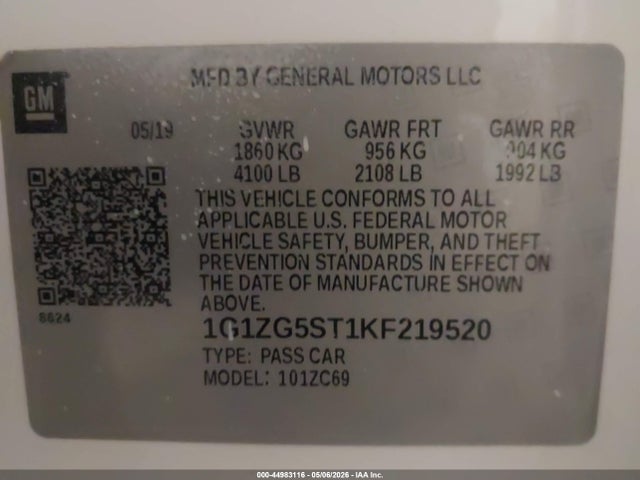 2019 Chevrolet Malibu Rs მანქანა იყიდება აუქციონზე, vin: 1G1ZG5ST1KF219520, აუქციონის ნომერი: 44983116