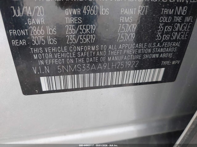 44983117 :رقم المزاد ، 5NMS33AA9LH251922 vin ، 2020 Hyundai Santa Fe Sel 2.0t مزاد بيع