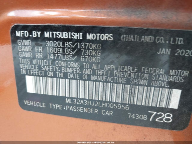Продажа на аукционе авто 2020 Mitsubishi Mirage Es, vin: ML32A3HJ2LH005956, номер лота: 44983128