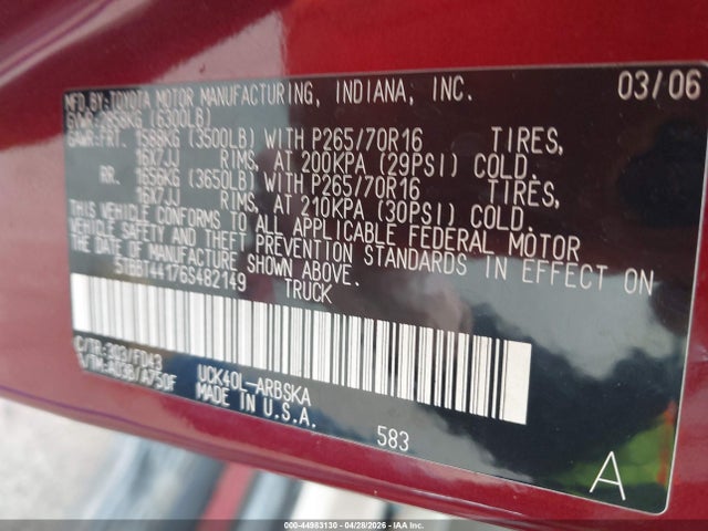 2006 Toyota Tundra Sr5 V8 მანქანა იყიდება აუქციონზე, vin: 5TBBT44176S482149, აუქციონის ნომერი: 44983130