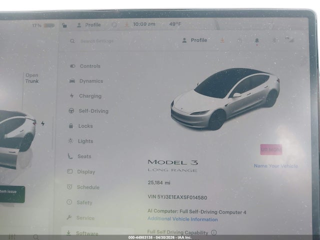 2025 Tesla Model 3 მანქანა იყიდება აუქციონზე, vin: 5YJ3E1EAXSF014580, აუქციონის ნომერი: 44983138