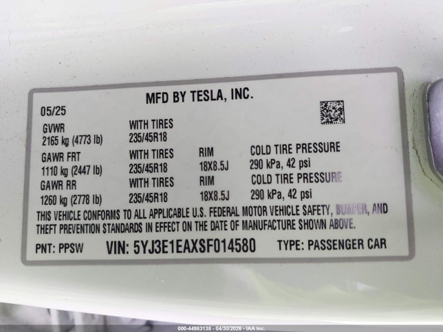 2025 Tesla Model 3 მანქანა იყიდება აუქციონზე, vin: 5YJ3E1EAXSF014580, აუქციონის ნომერი: 44983138
