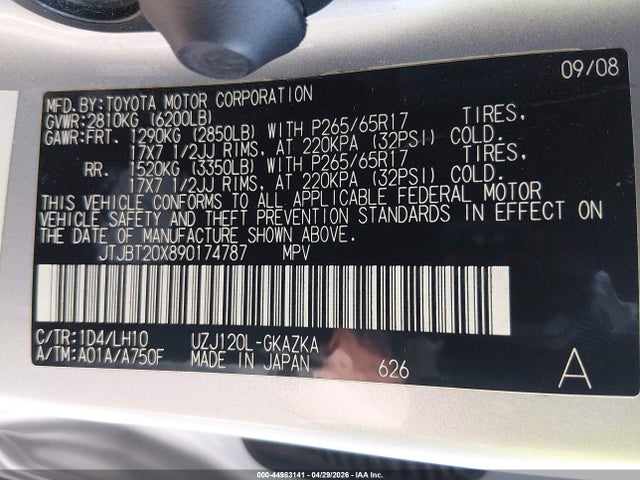44983141 :رقم المزاد ، JTJBT20X890174787 vin ، 2009 Lexus Gx 470 مزاد بيع