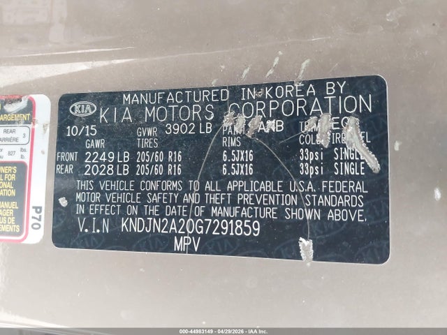Aukcja sprzedaży 2016 Kia Soul, vin: KNDJN2A20G7291859, numer aukcji: 44983149