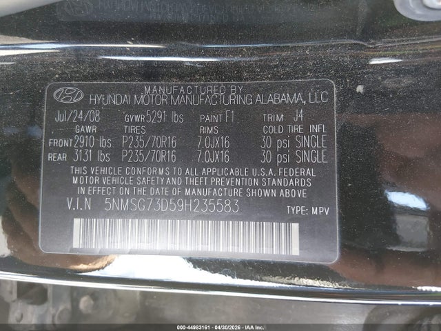 2009 Hyundai Santa Fe Gls მანქანა იყიდება აუქციონზე, vin: 5NMSG73D59H235583, აუქციონის ნომერი: 44983161