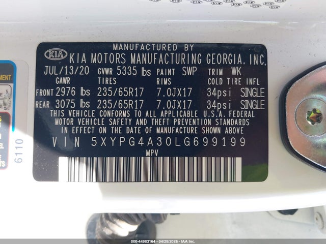 5XYPG4A30LG699199 KIA Sorento 2.4l Lx