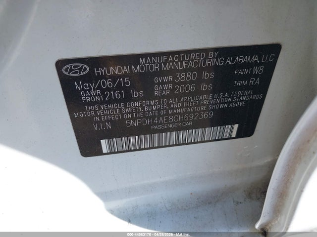 44983170 :رقم المزاد ، 5NPDH4AE8GH692369 vin ، 2016 Hyundai Elantra Se مزاد بيع
