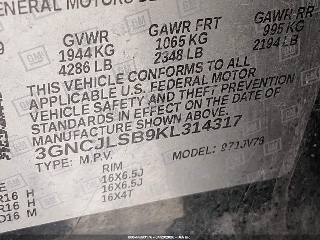 Продажа на аукционе авто 2019 Chevrolet Trax Lt, vin: 3GNCJLSB9KL314317, номер лота: 44983176