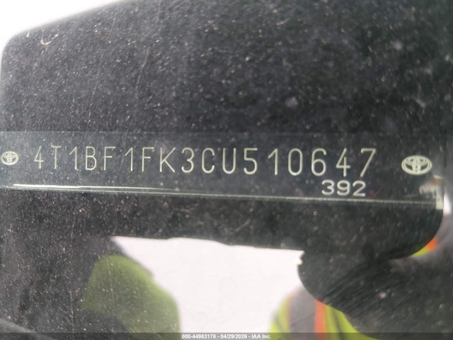 44983178 :رقم المزاد ، 4T1BF1FK3CU510647 vin ، 2012 Toyota Camry Le مزاد بيع