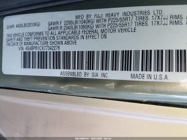 Aukcja sprzedaży 2007 Subaru Outback 2.5i/2.5i Basic/2.5i L.l. Bean Edition, vin: 4S4BP61CX77342276, numer aukcji: 44983181